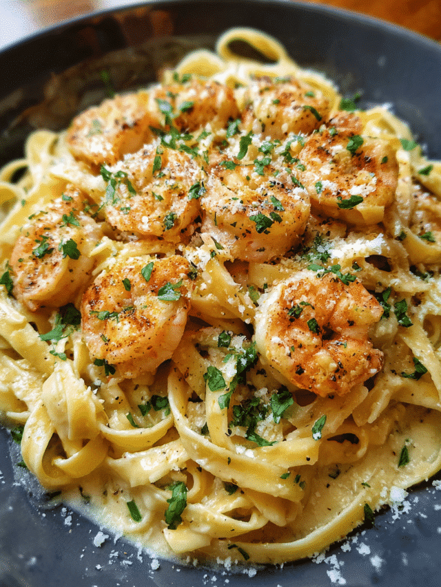 20-minute creamy garlic shrimp pasta with parsley