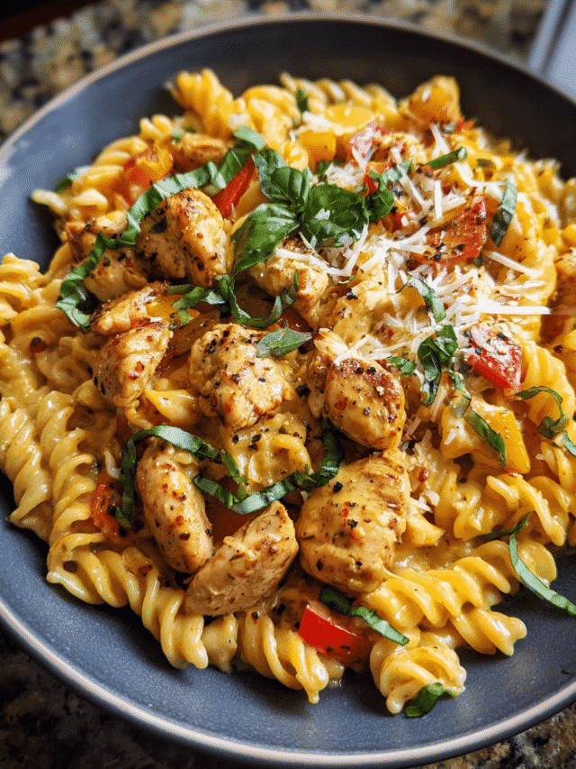 25-Minute Cajun Chicken Pasta in a creamy sauce with bell peppers and herbs in a white bowl