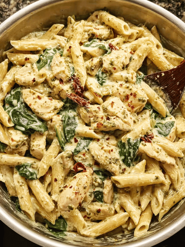 creamy pesto chicken pasta skillet with penne