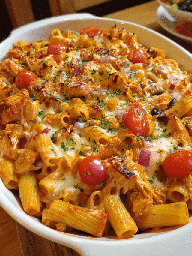 BBQ Chicken Pasta Casserole fresh from the oven with golden melted cheese