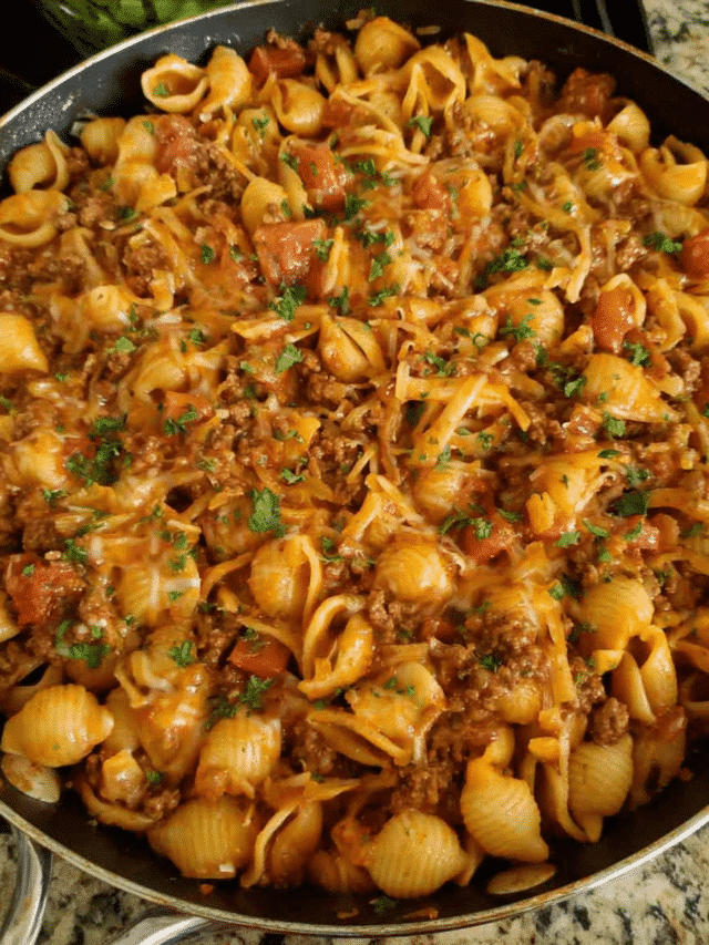 Beef taco pasta skillet with melted cheese