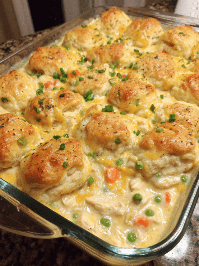 Chicken and biscuits casserole fresh out of the oven in a white baking dish
