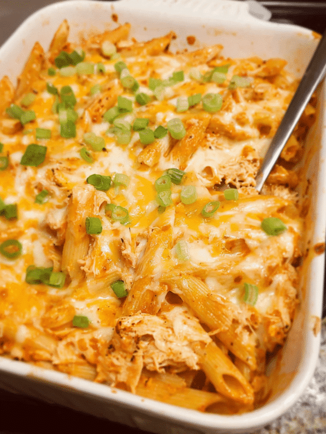 Cheesy Buffalo Chicken Pasta Bake fresh out of the oven with golden, bubbly cheese