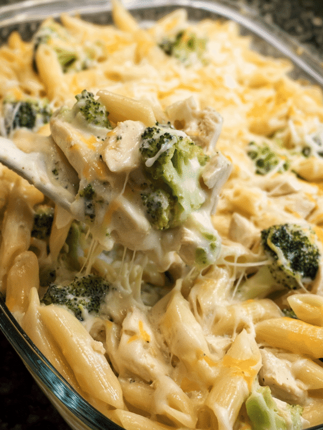 Cheesy Chicken Broccoli Alfredo Bake in a casserole dish