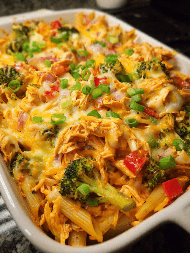 Cheesy Chicken Chipotle Pasta Bake in a casserole dish