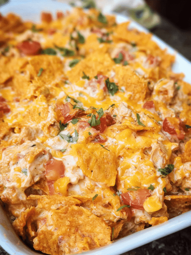 Cheesy Chicken Dorito Casserole fresh out of the oven
