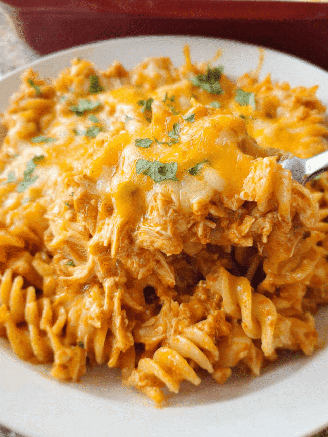 Cheesy Chicken Enchilada Pasta in a casserole dish with melted cheese on top