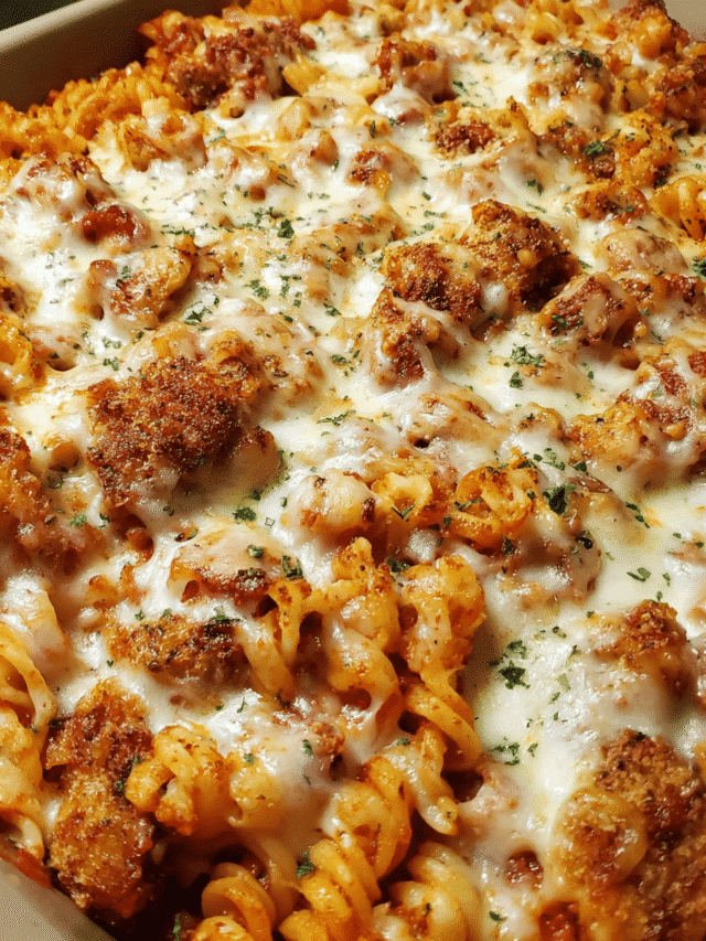 Cheesy Chicken Parmesan Pasta Skillet Bake in a casserole dish, hot from the oven