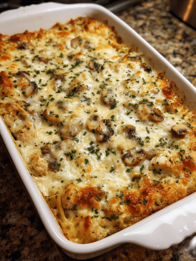 Baked Chicken Alfredo Lasagna Casserole in a white ceramic dish