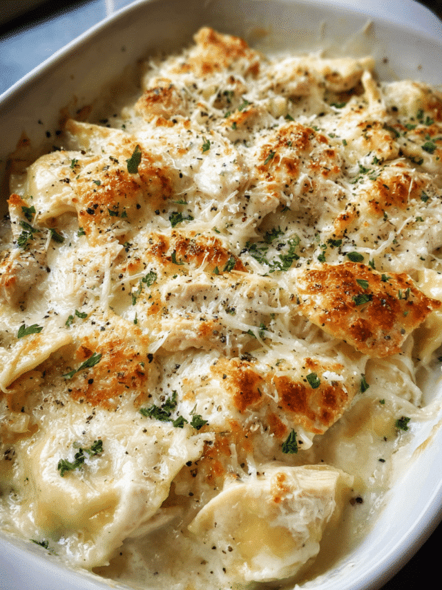 Chicken Alfredo Ravioli Bake hot from the oven with melted cheese