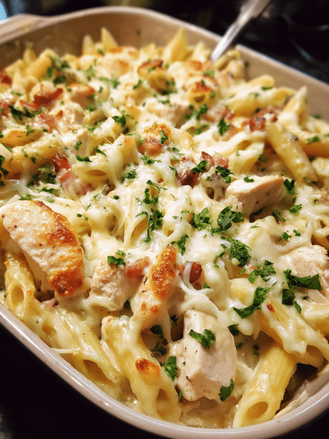 Chicken Bacon Alfredo Pasta Casserole in a baking dish