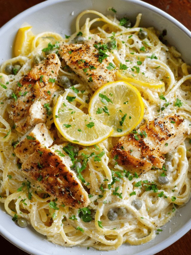 Chicken Caesar Pasta Skillet with creamy sauce and lemon pepper chicken