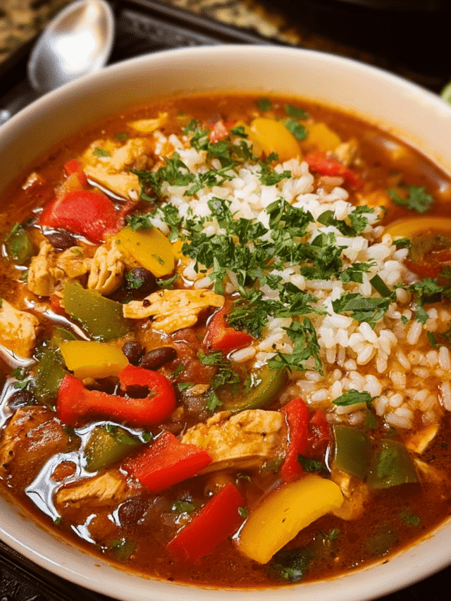 Chicken fajita soup with rice, beans, and Tex-Mex spices in a bowl