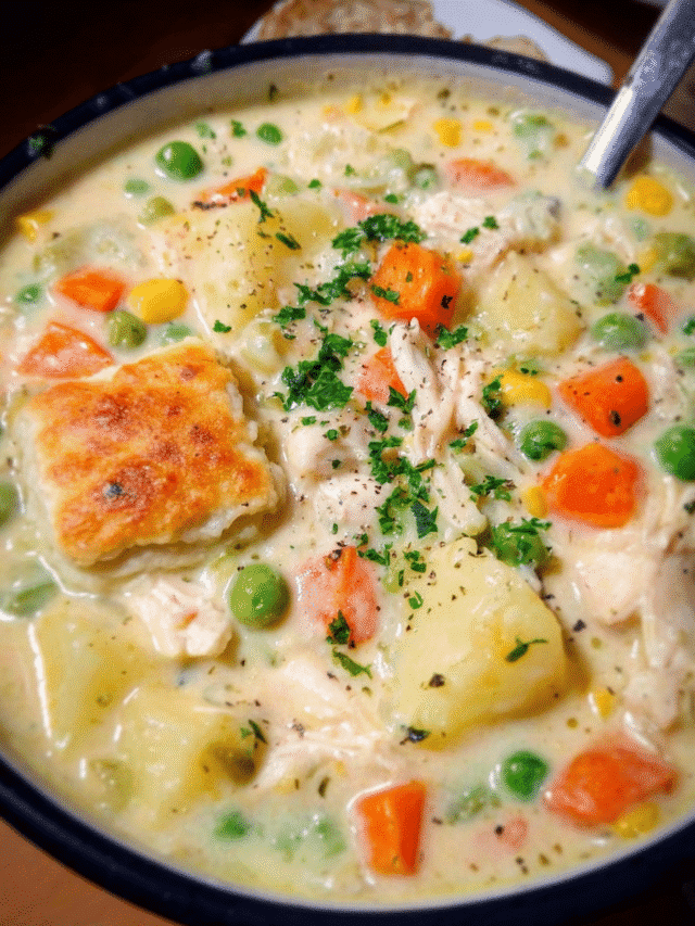 Creamy Chicken Pot Pie Soup in a bowl with biscuits