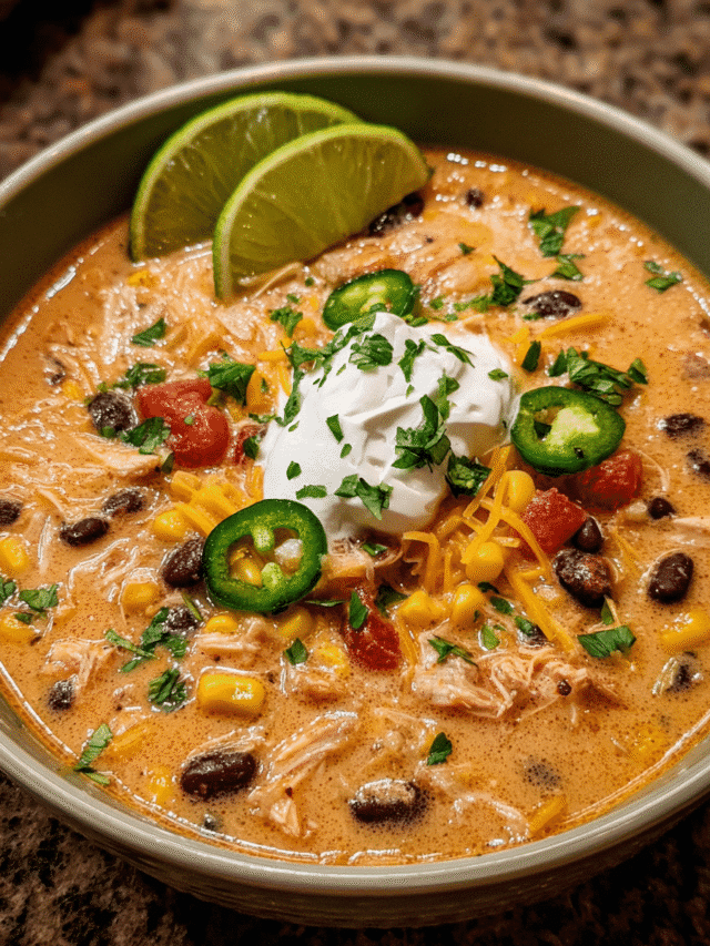 Bowl of Chicken Taco Soup with Creamy Cheese and toppings