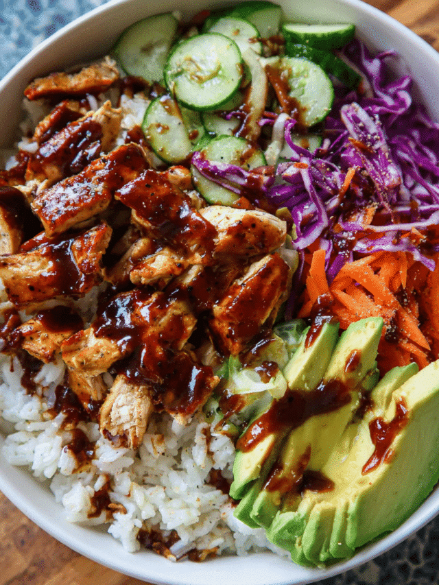 Creamy BBQ chicken rice bowl with avocado, cabbage, and BBQ sauce