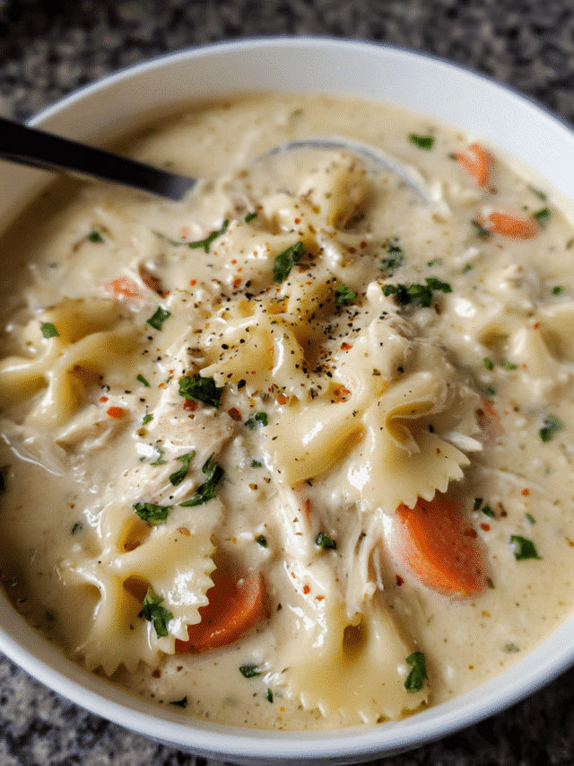 Bowl of creamy chicken Alfredo soup with bowtie pasta and parsley