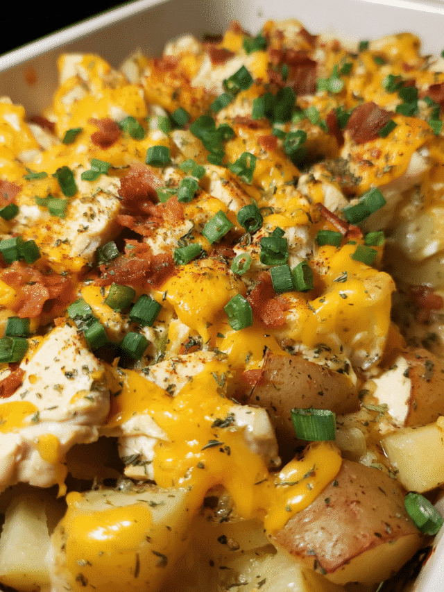 Creamy Chicken Bacon Potato Bake fresh from the oven with melted cheese and crispy turkey bacon