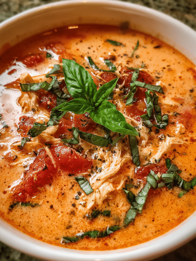 Bowl of creamy chicken tomato basil soup with fresh basil garnish