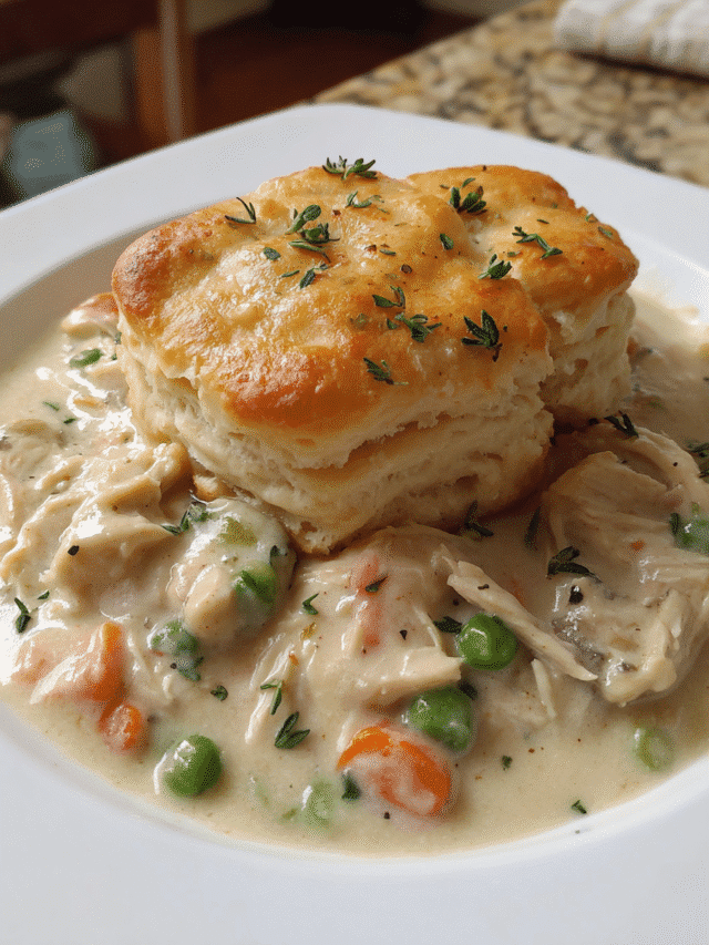 Creamy Garlic Chicken Biscuit Bake in a white baking dish with golden brown biscuits on top.
