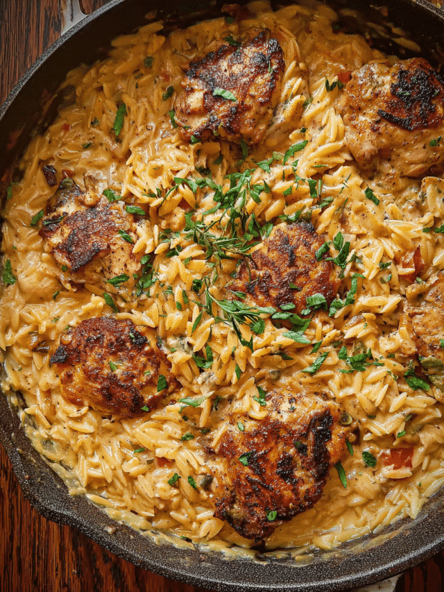 Creamy garlic chicken orzo skillet with Parmesan and herbs