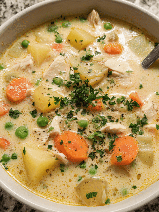 Creamy garlic chicken and potato soup in a bowl with parsley garnish