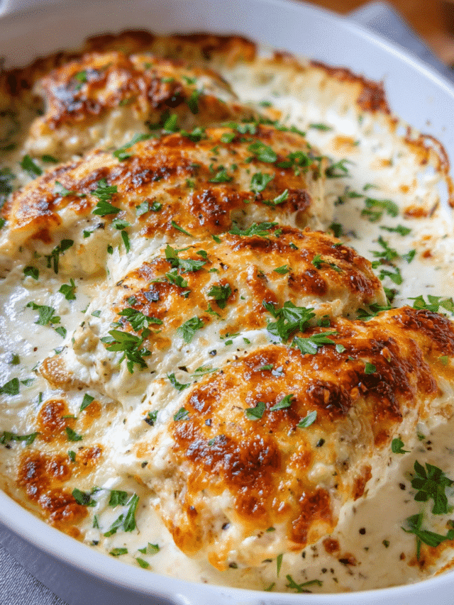 Creamy Garlic Parmesan Chicken Bake with cheese topping