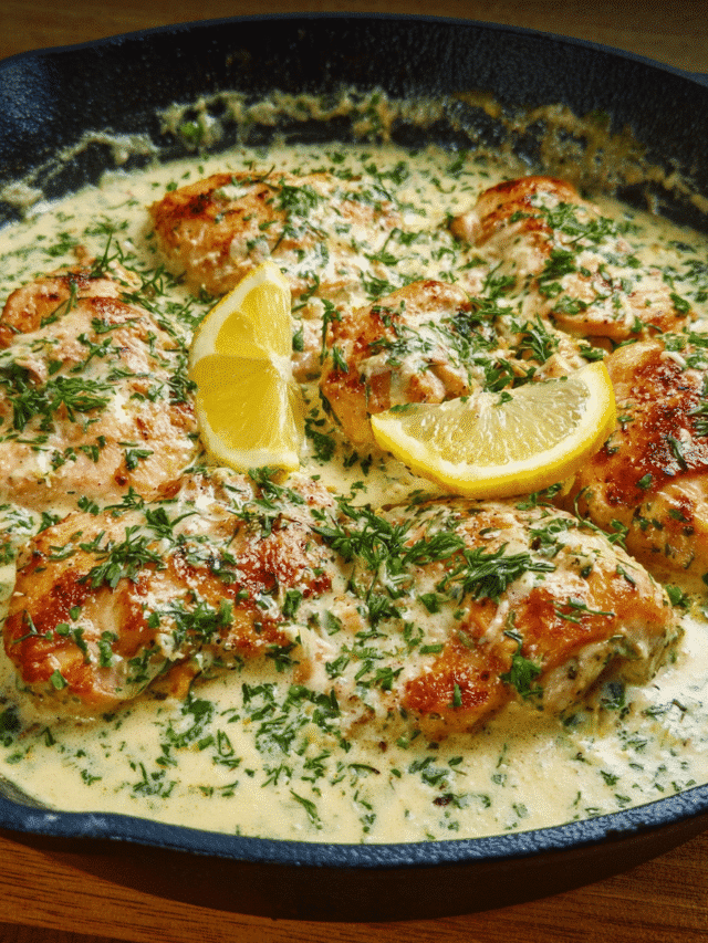 Creamy Lemon Chicken Skillet with herbs and Parmesan in a pan