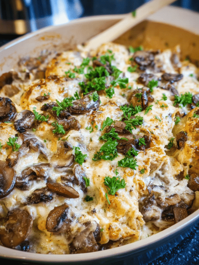 Creamy Mushroom Chicken Bake in a white casserole dish