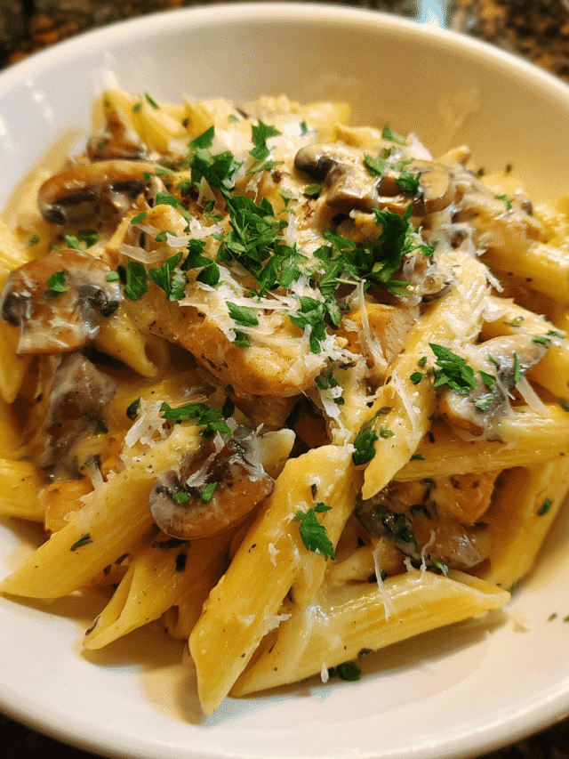 Creamy mushroom turkey pasta with penne in a rich Parmesan sauce
