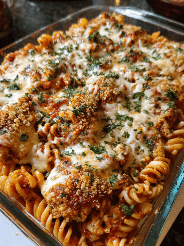 Creamy Parmesan Chicken Pasta Bake with crispy chicken and melted cheese