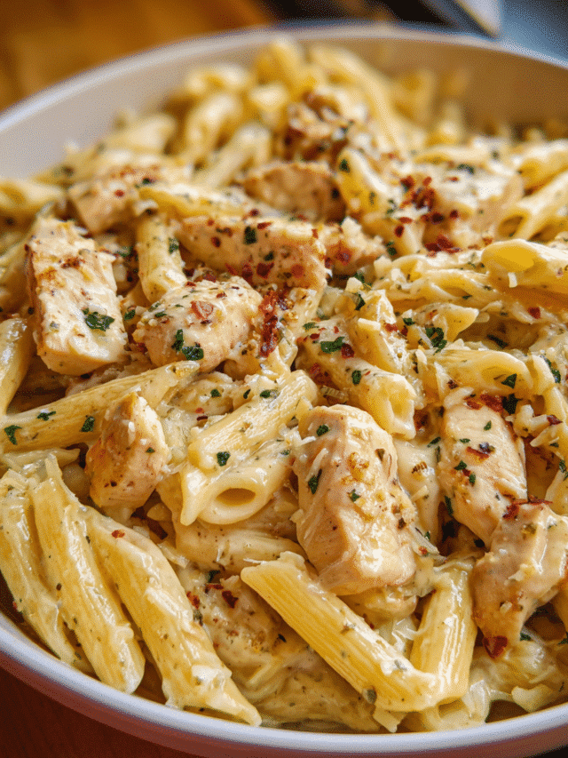 Creamy Ranch Chicken Pasta in a skillet with cheese and herbs