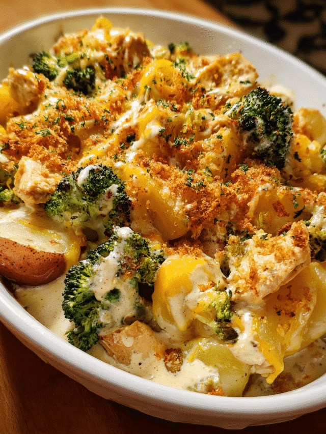 Creamy Ranch Chicken Potato Casserole in baking dish with golden cheesy crust