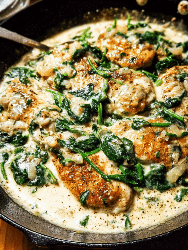 Creamy spinach chicken skillet in pan with fresh spinach and garlic cream sauce