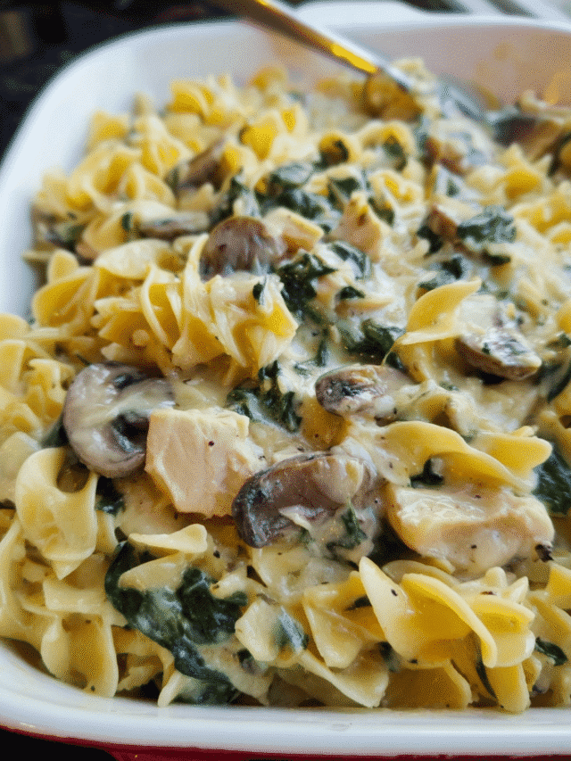Creamy spinach and mushroom chicken bake fresh out of the oven