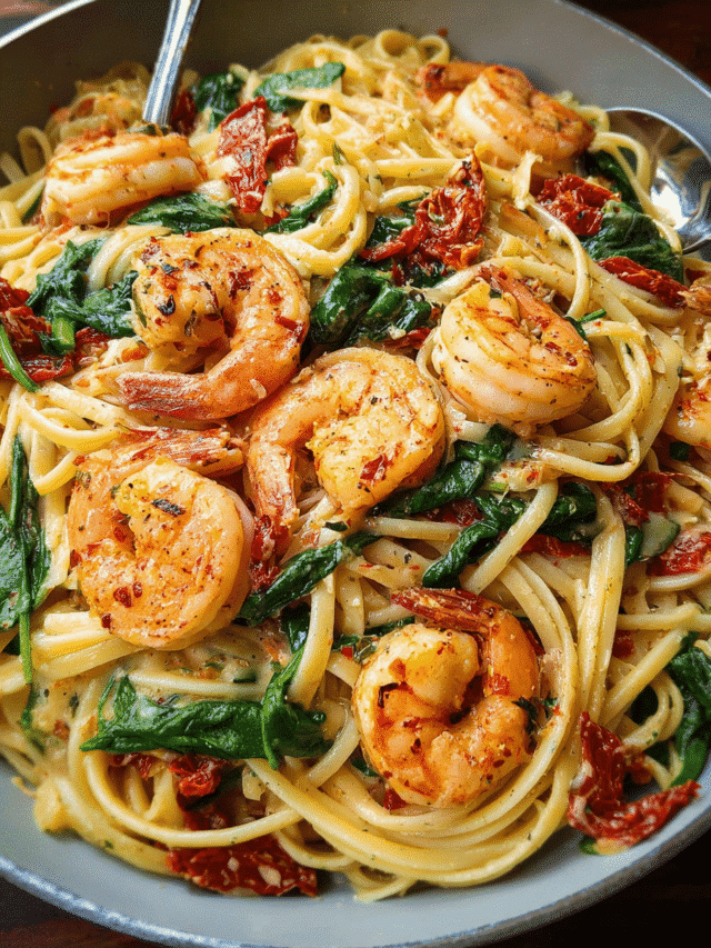 Creamy sun-dried tomato shrimp pasta in a skillet with spinach and linguine