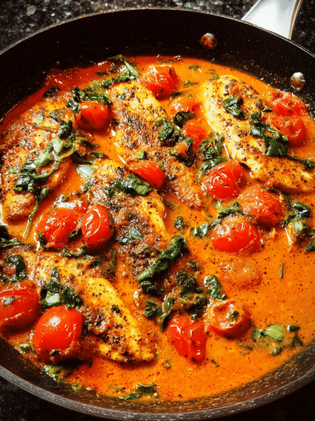 Creamy tomato basil chicken skillet served with spinach and fresh herbs