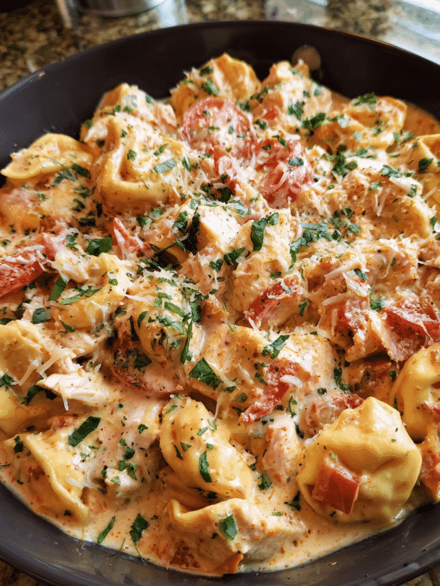 Creamy Tomato Chicken Tortellini and Bacon in skillet