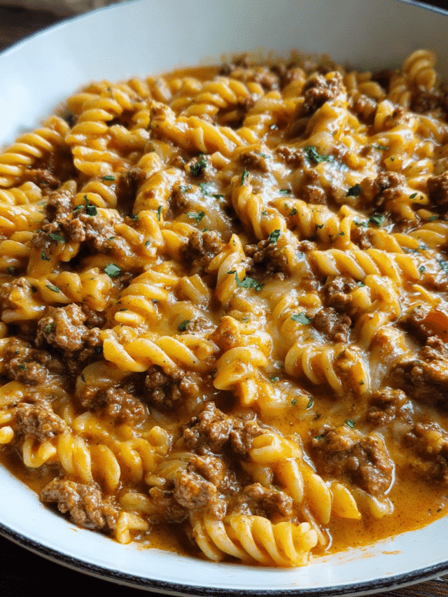 Easy cheeseburger pasta skillet with ground beef, cheddar cheese, and rotini pasta in a one-pan skillet