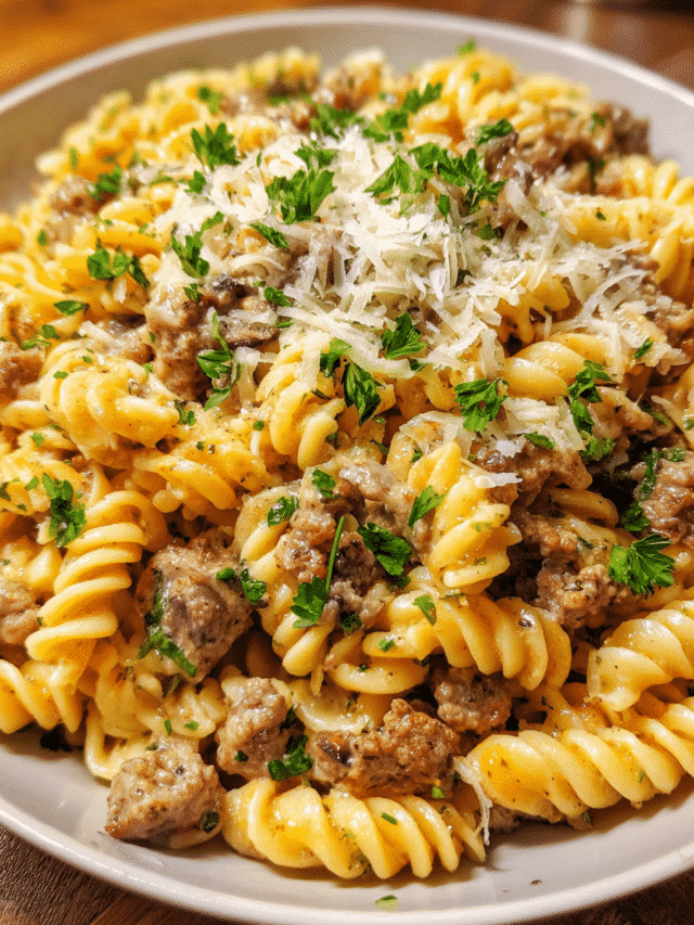Garlic Parmesan Beef Pasta in creamy sauce with rotini