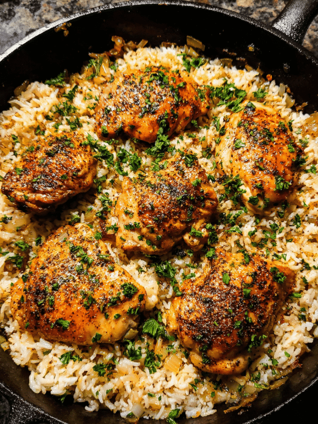 Garlic Butter Chicken Rice Skillet in a cast iron pan with parsley garnish
