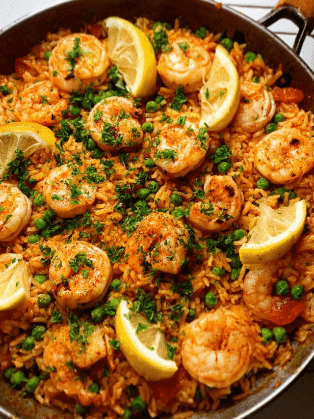 Garlic butter shrimp rice skillet in pan