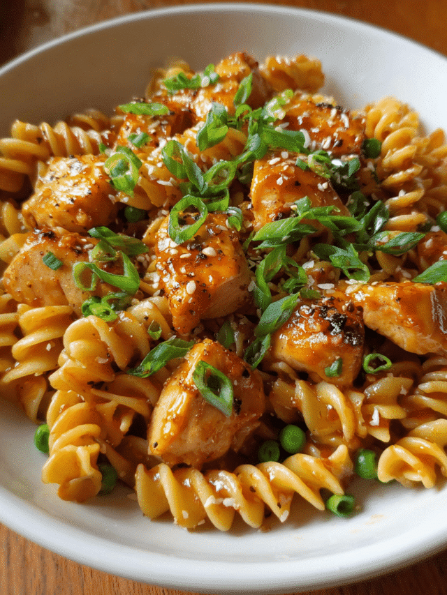 Honey garlic chicken pasta served in a white bowl with green onions and Parmesan