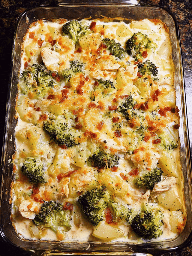 Loaded Chicken Alfredo Potato Casserole fresh out of the oven