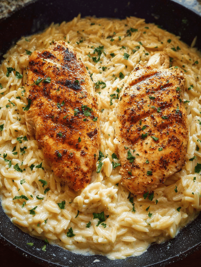One-pan chicken alfredo orzo served creamy
