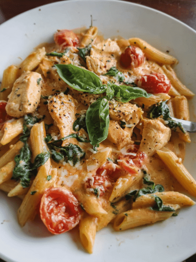 One-pot creamy chicken tomato pasta in skillet