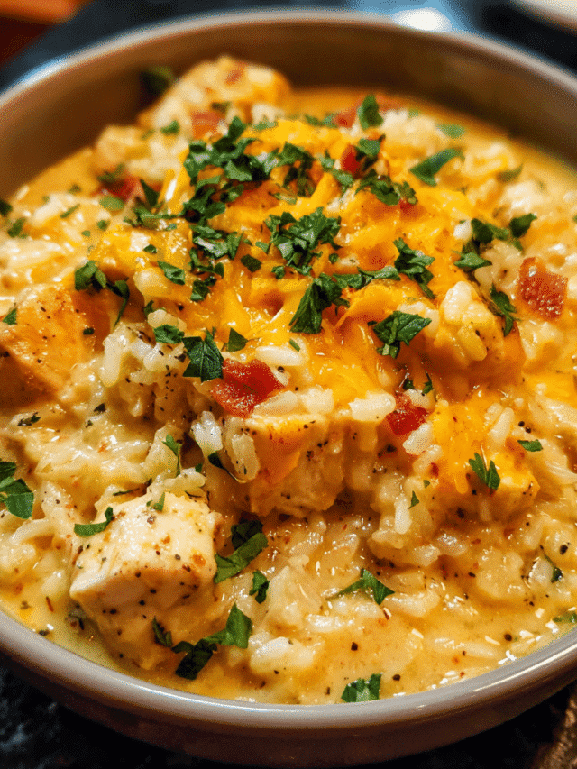 One Pot Queso Chicken and Rice in a cast iron skillet with melted cheese on top