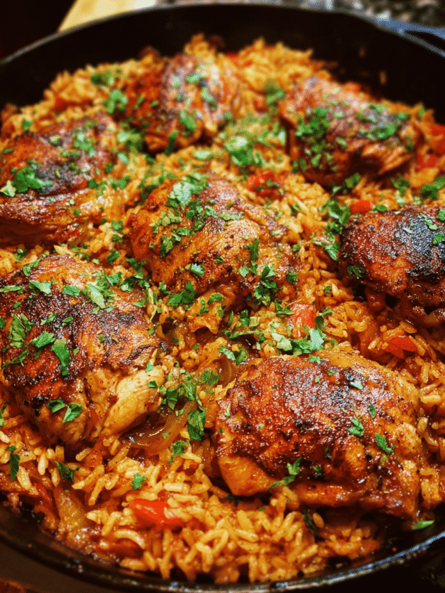 one-pot spicy chicken rice cooked in a skillet