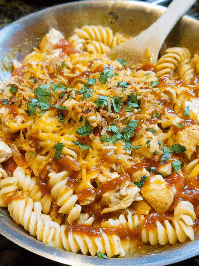 Quick BBQ Chicken Pasta Skillet in one pan with cheese and crispy onions