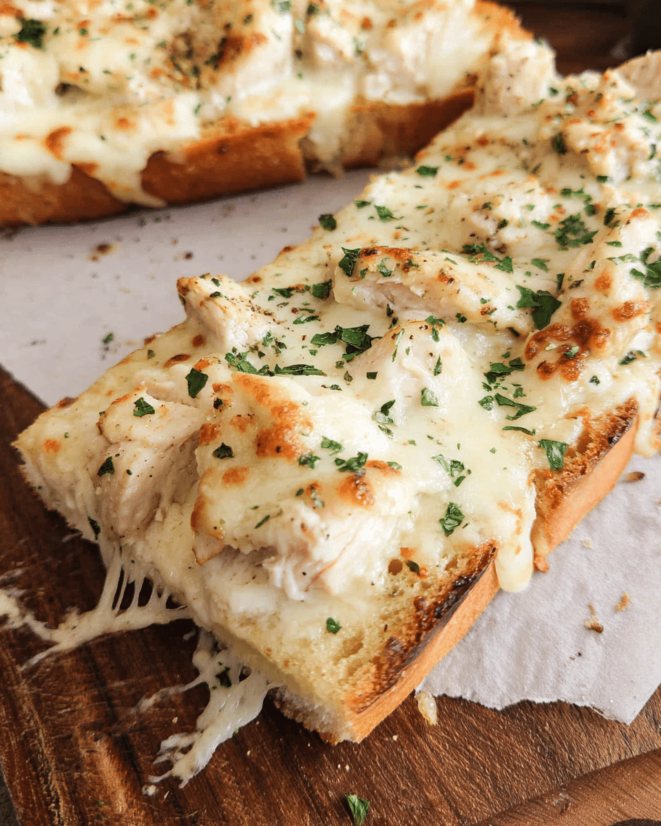 Alfredo chicken pizza toasts baked on French bread with melted mozzarella